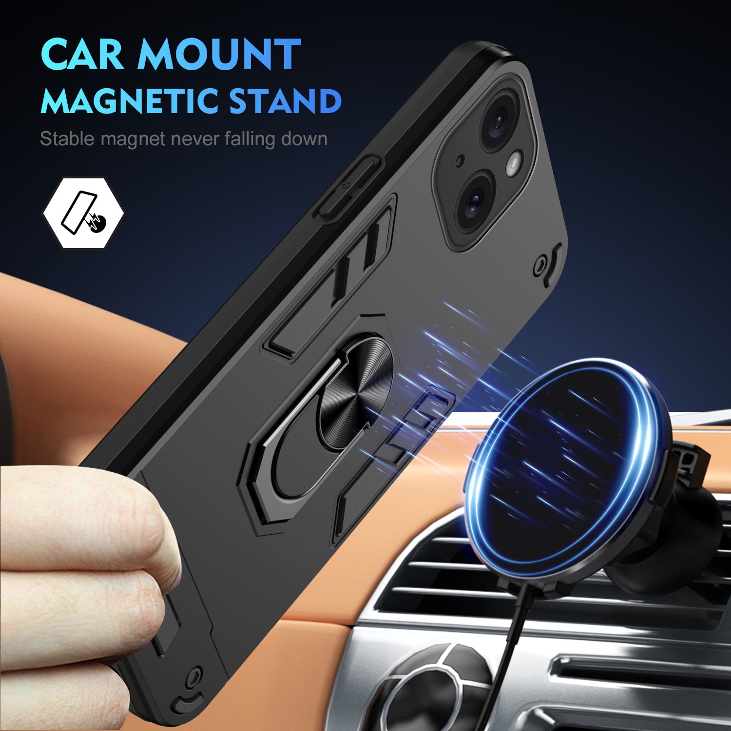 For iPhone 15 Cell Phone Case PC+TPU Kickstand Cover Fits Magnetic Car Mount - Black For iPhone 15 Cell Phone Case PC+TPU Kickstand Cover Fits Magnetic Car Mount - Black